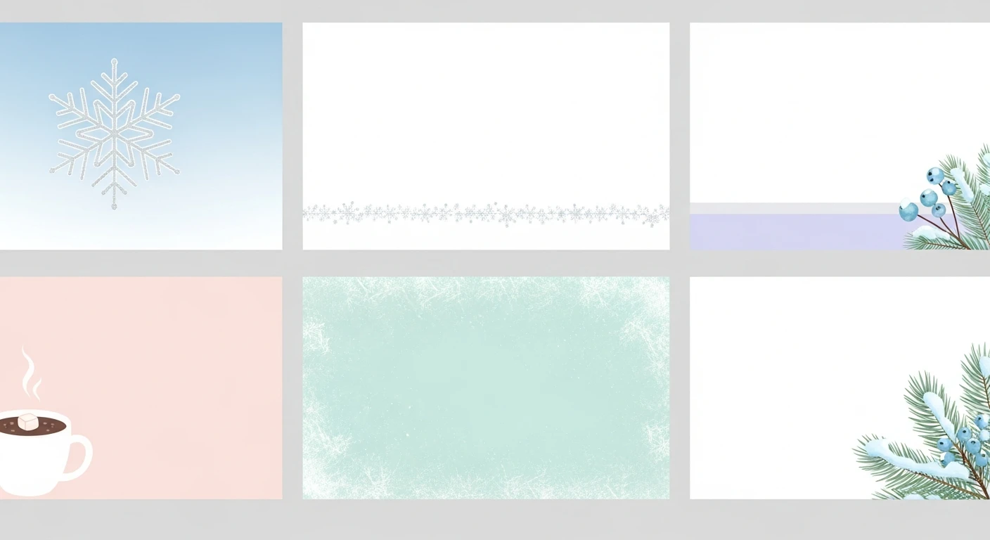 Winter-themed digital cards with snowflakes, hot cocoa, and pine branches with blue berries.