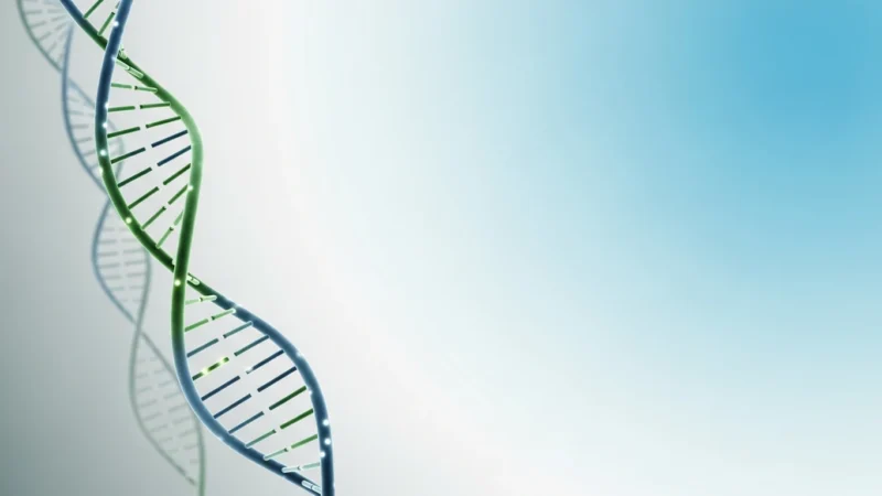 Illustration of a green and blue DNA double helix strand on a gradient blue background.