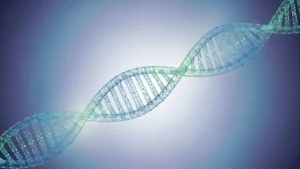 Digital 3D representation of a DNA double helix structure with blue and green hues.