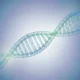 Digital 3D representation of a DNA double helix structure with blue and green hues.