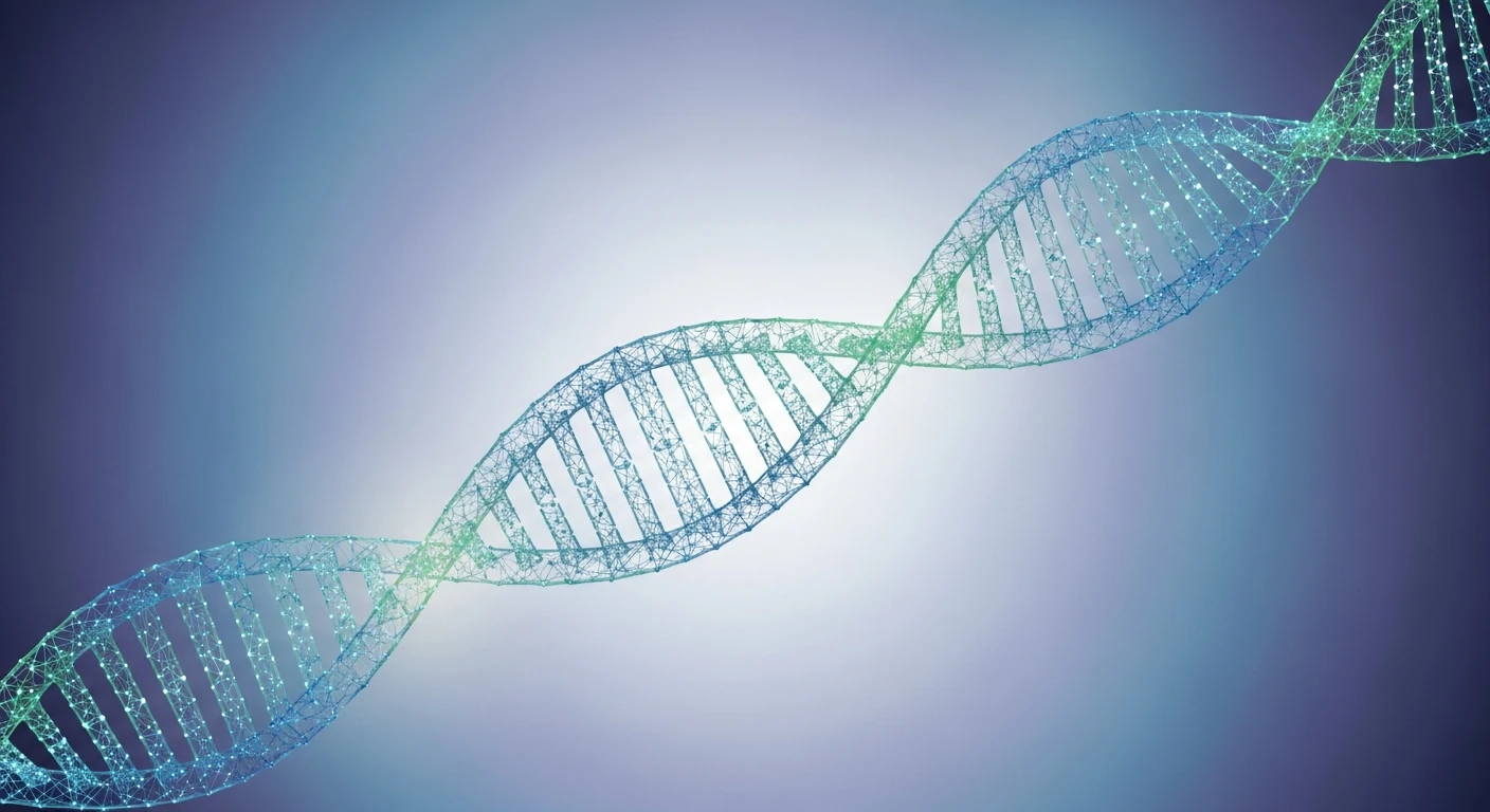 Digital 3D representation of a DNA double helix structure with blue and green hues.