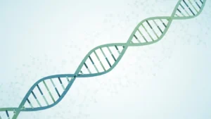 Illustration of a green and blue DNA double helix strand on a light molecular background.