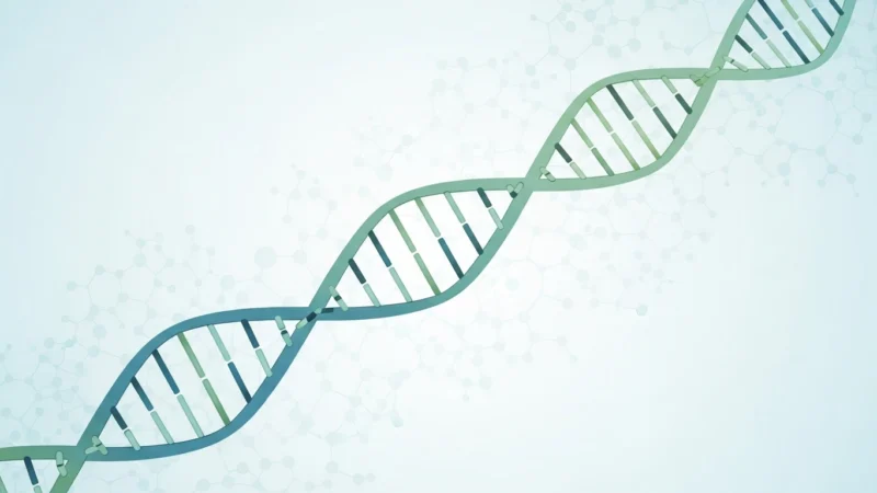Illustration of a green and blue DNA double helix strand on a light molecular background.