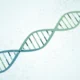 Illustration of a green and blue DNA double helix strand on a light molecular background.