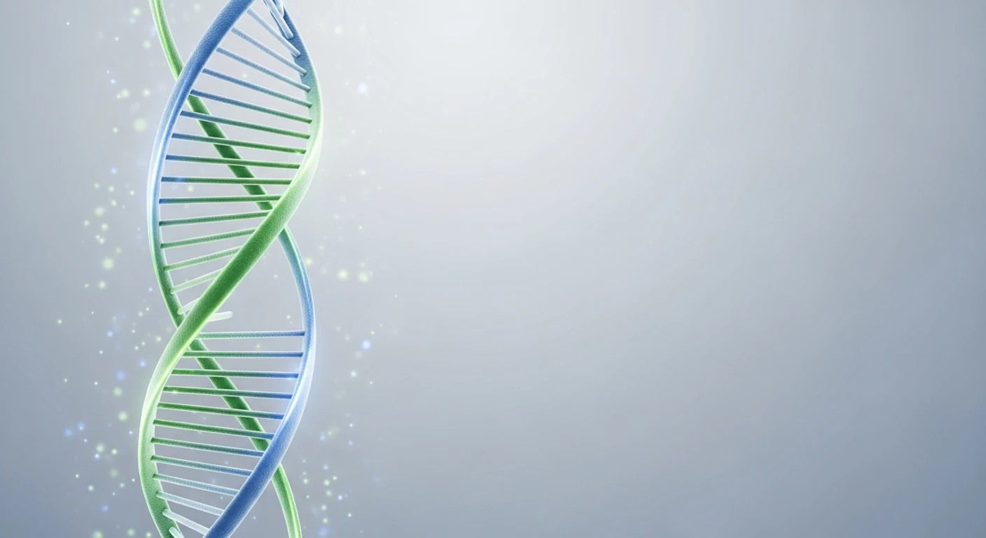 3D illustration of a blue and green DNA double helix strand on a gray background.