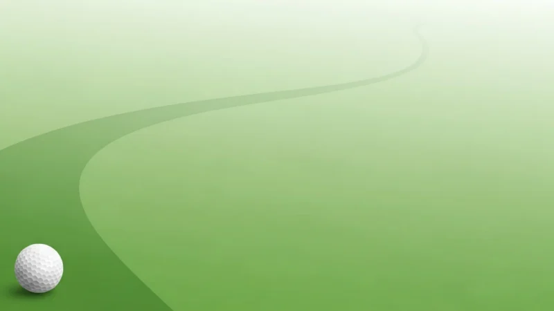 White golf ball on smooth green grass with a winding fairway path in the background.