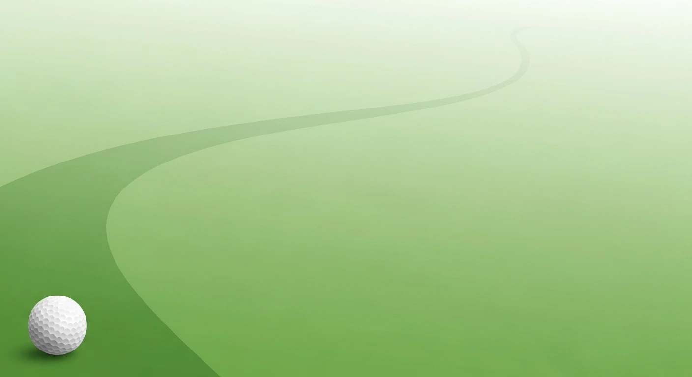 White golf ball on smooth green grass with a winding fairway path in the background.