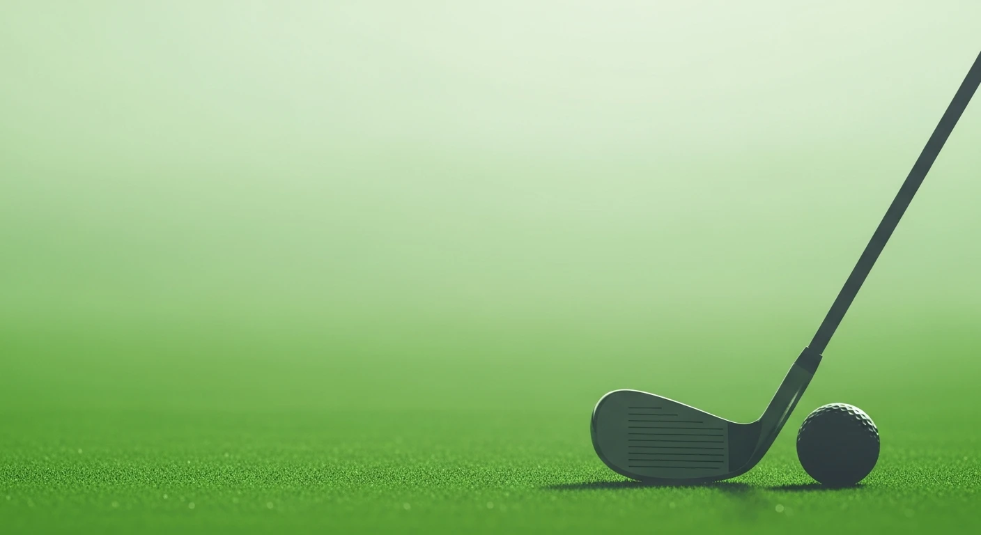 Golf club positioned next to a golf ball on a green, blurred background.