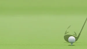 Golf club poised to strike white golf ball on green grass tee.