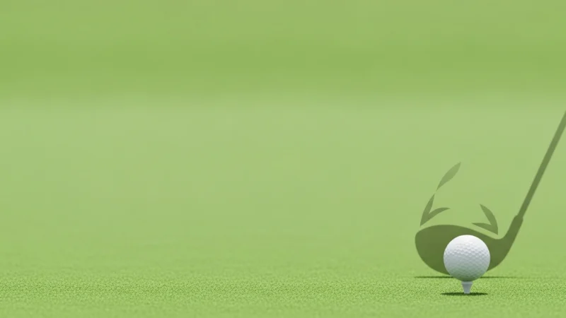 Golf club poised to strike white golf ball on green grass tee.