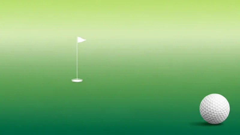 White golf ball on green grass with a distant flagstick and hole.