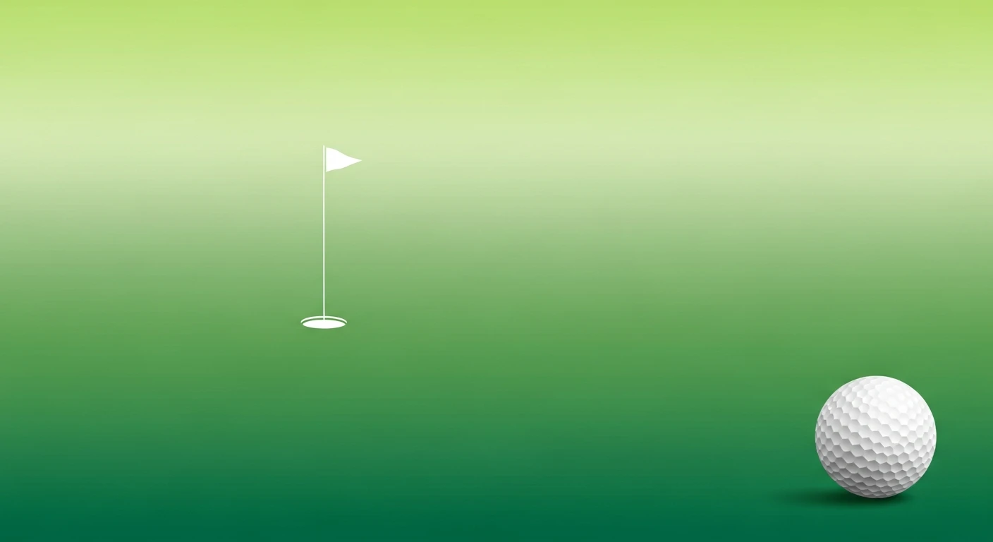 White golf ball on green grass with a distant flagstick and hole.