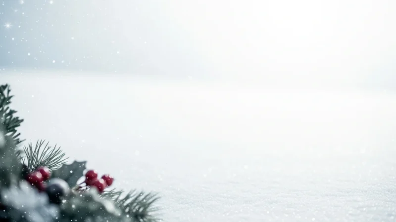 Snow-covered ground with pine branches and red berries dusted by falling snowflakes.