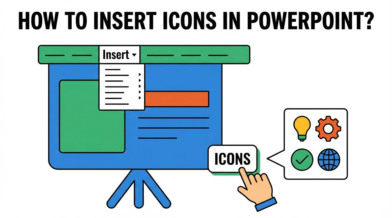Illustration showing a presentation screen with "Insert" menu and hand clicking "Icons" button.