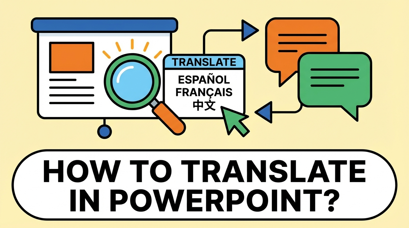 Illustration of a PowerPoint slide with a magnifying glass and translation options in Spanish, French, and Chinese.