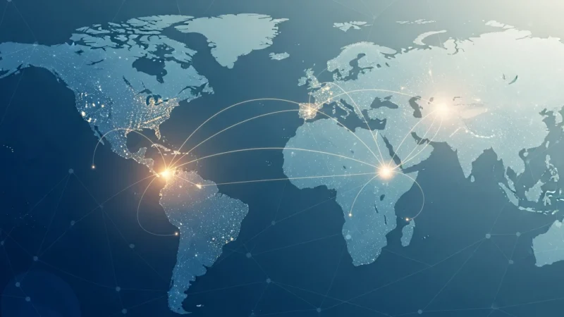 World map with illuminated global network connections linking major cities across continents.