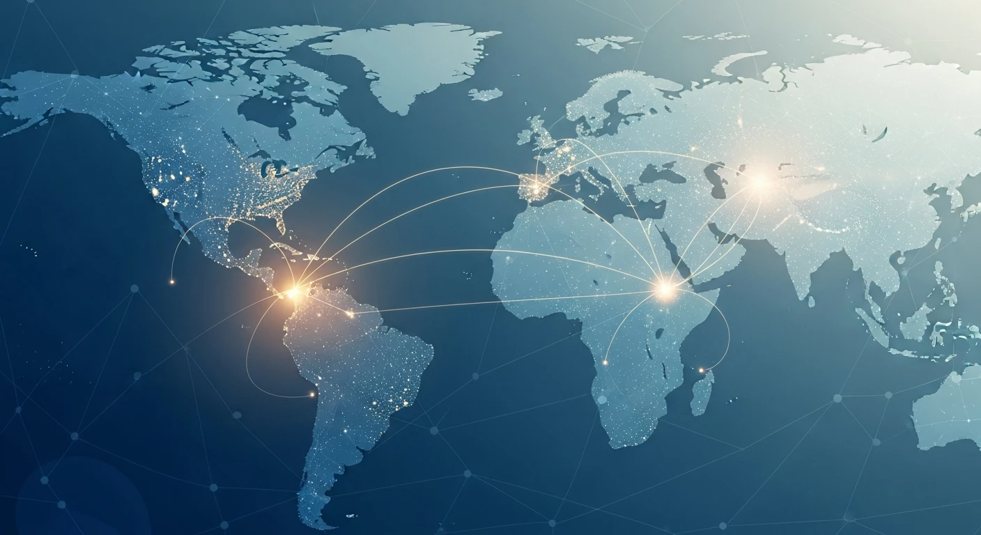 World map with illuminated global network connections linking major cities across continents.