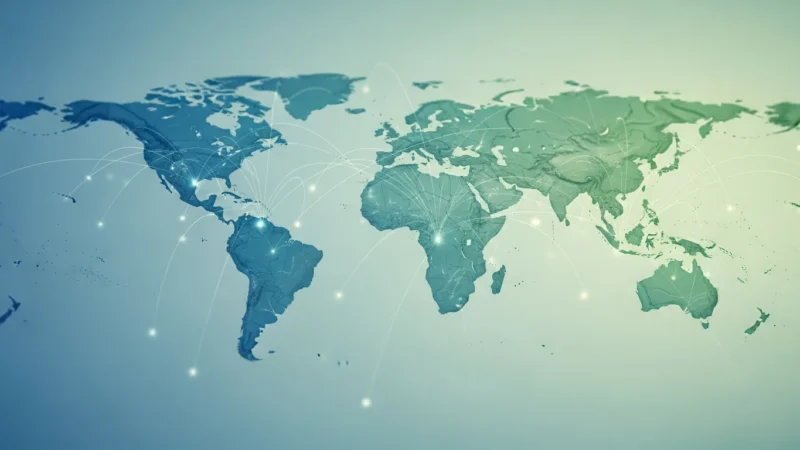 World map in blue-green tones with illuminated connection points and arcs representing global network.