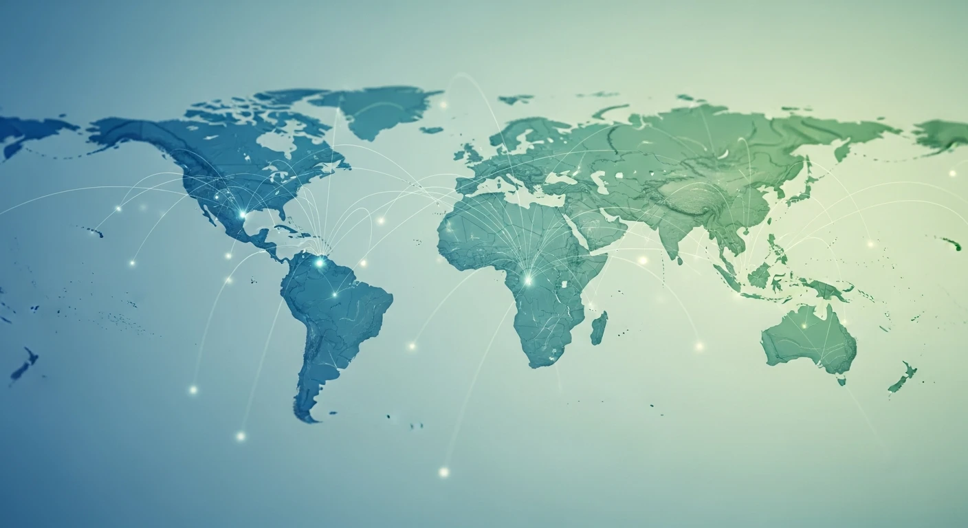 World map in blue-green tones with illuminated connection points and arcs representing global network.