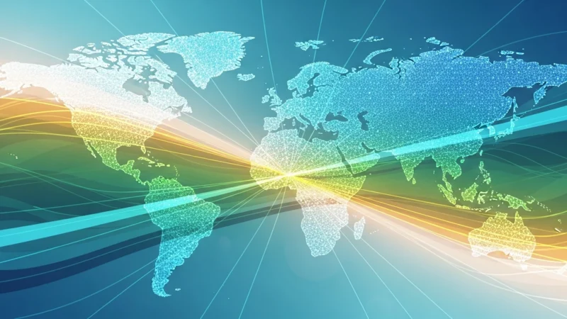 Digital world map with interconnected glowing lines in blue, green, and yellow hues.