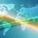 Digital world map with interconnected glowing lines in blue, green, and yellow hues.