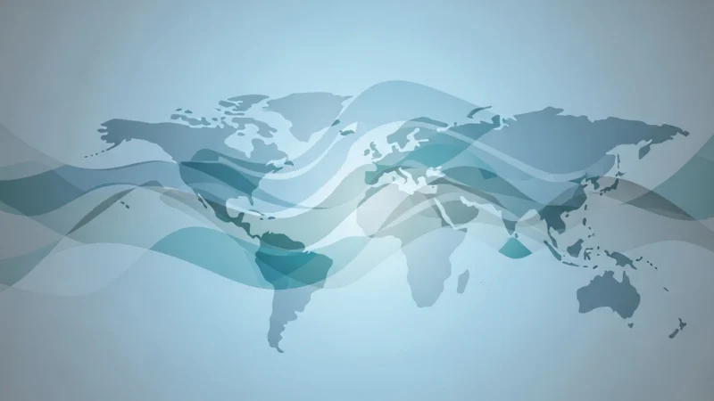 Abstract world map in shades of blue with overlapping translucent wave patterns.