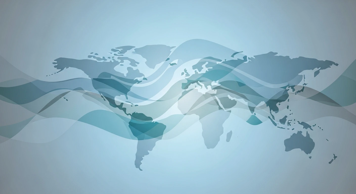 Abstract world map in shades of blue with overlapping translucent wave patterns.