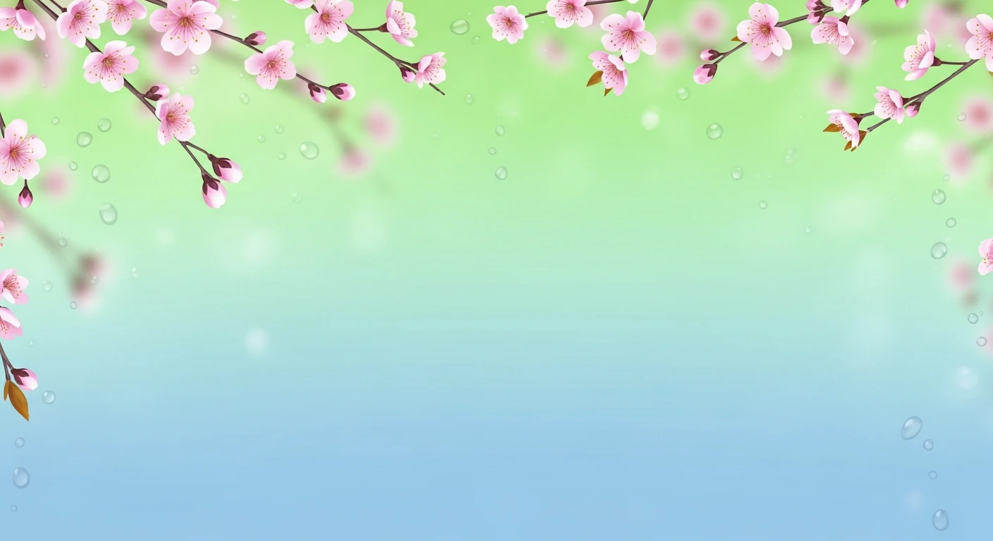 Branches of pink cherry blossoms with water droplets on a green and blue gradient background.