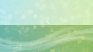 Abstract background with soft blue and green gradient, faint leaf patterns, and white wave lines.