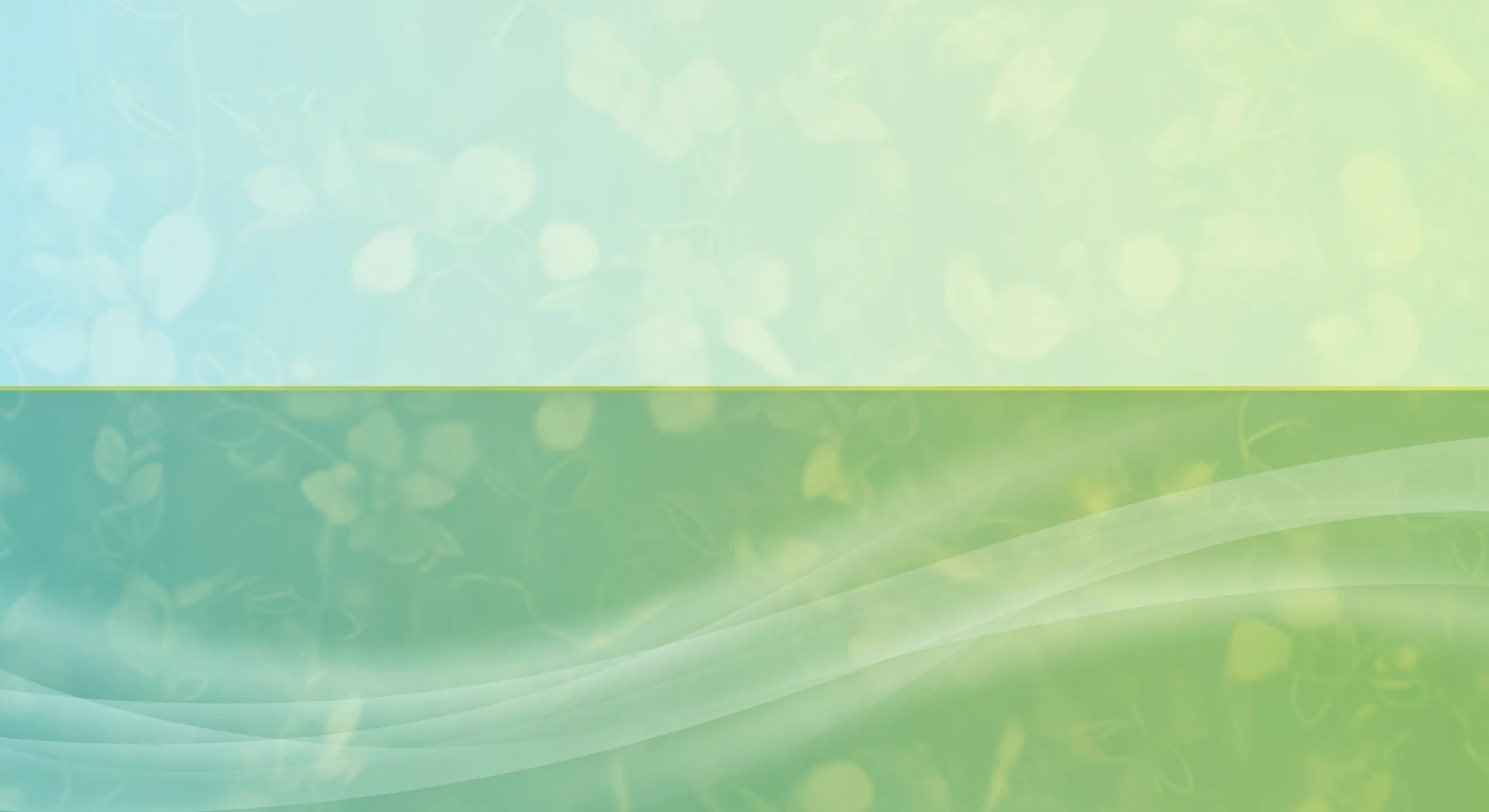 Abstract background with soft blue and green gradient, faint leaf patterns, and white wave lines.