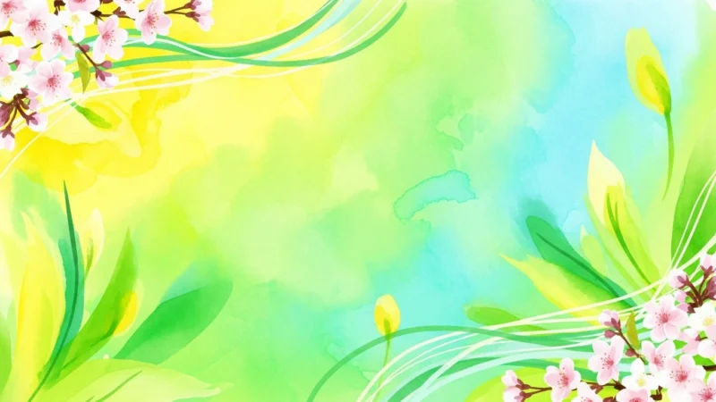 Watercolor background with green and yellow hues, pink cherry blossoms, and flowing white lines.
