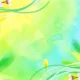 Watercolor background with green and yellow hues, pink cherry blossoms, and flowing white lines.