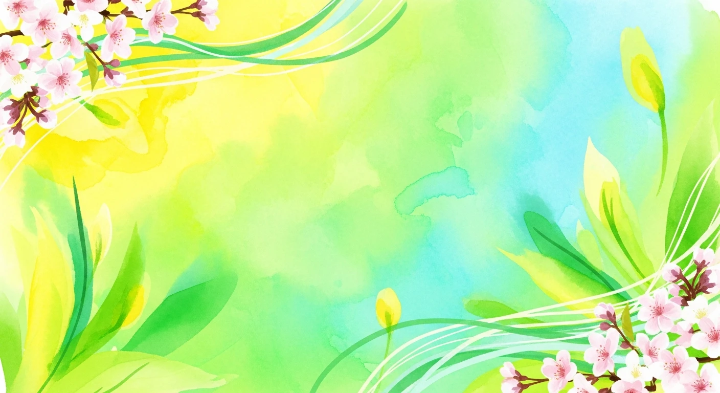 Watercolor background with green and yellow hues, pink cherry blossoms, and flowing white lines.