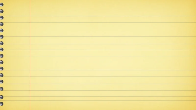 Yellow lined notebook paper with blue horizontal lines and red vertical margin line.