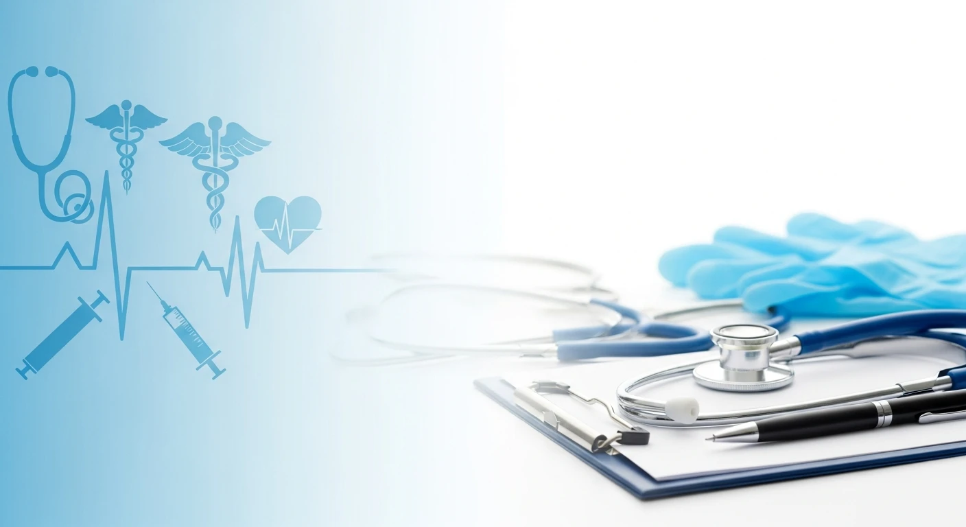 Blue medical icons on left with stethoscope, pen, clipboard, and gloves on white background.