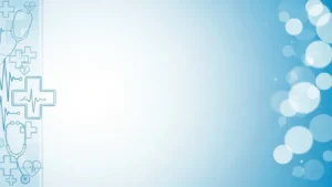 Light blue medical background featuring stethoscope, heartbeat lines, crosses, and heart icons.