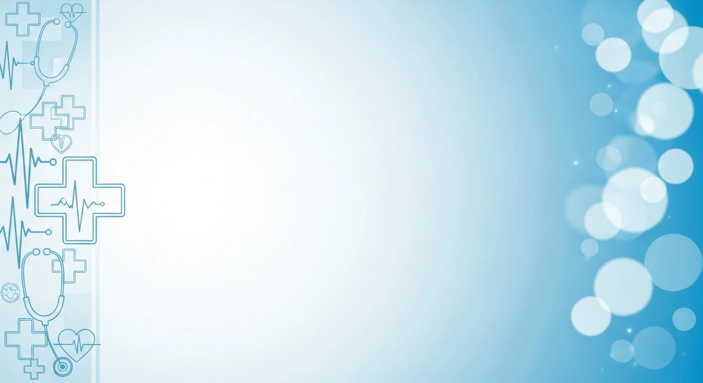 Light blue medical background featuring stethoscope, heartbeat lines, crosses, and heart icons.