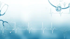 Blue stethoscopes and white electrocardiogram lines on a light medical-themed background.