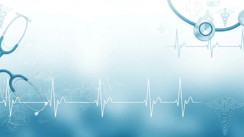 Blue stethoscopes and white electrocardiogram lines on a light medical-themed background.