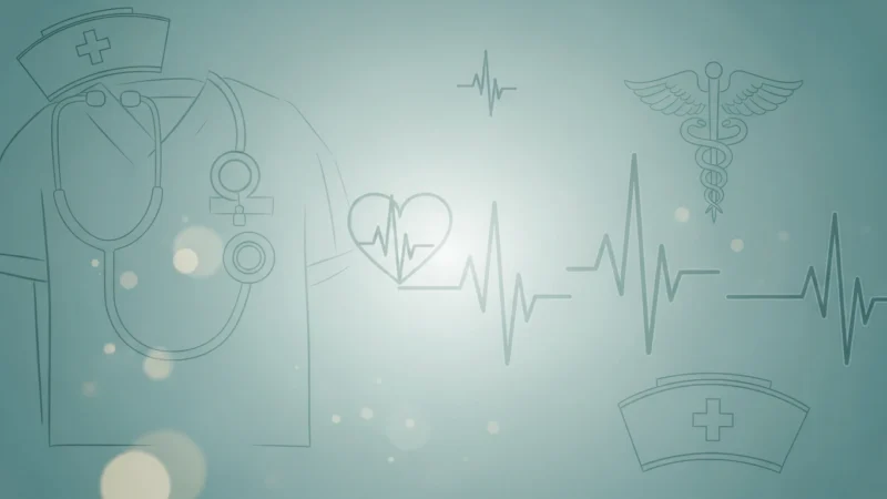 Line art of a nurse's uniform, stethoscope, nurse cap, heart with heartbeat, and medical caduceus on teal background.