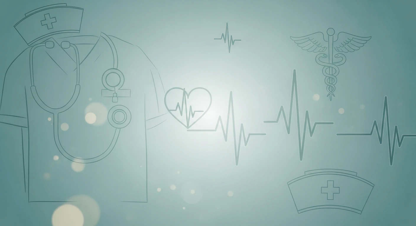 Line art of a nurse's uniform, stethoscope, nurse cap, heart with heartbeat, and medical caduceus on teal background.