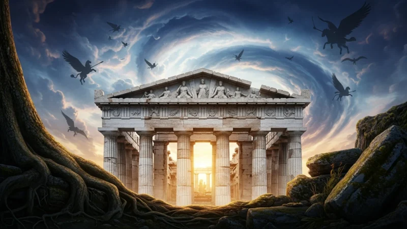 Ancient Greek temple ruins with large columns, illuminated by a glowing sunset and flying winged horse silhouettes.