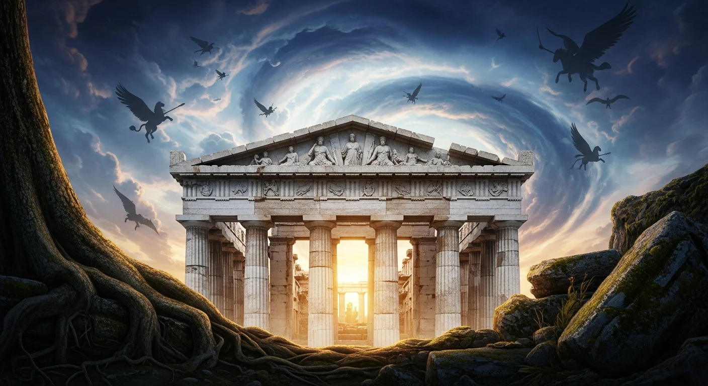 Ancient Greek temple ruins with large columns, illuminated by a glowing sunset and flying winged horse silhouettes.
