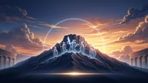 Glowing statues of Greek gods on a mountain with a sunset and ancient ruins.