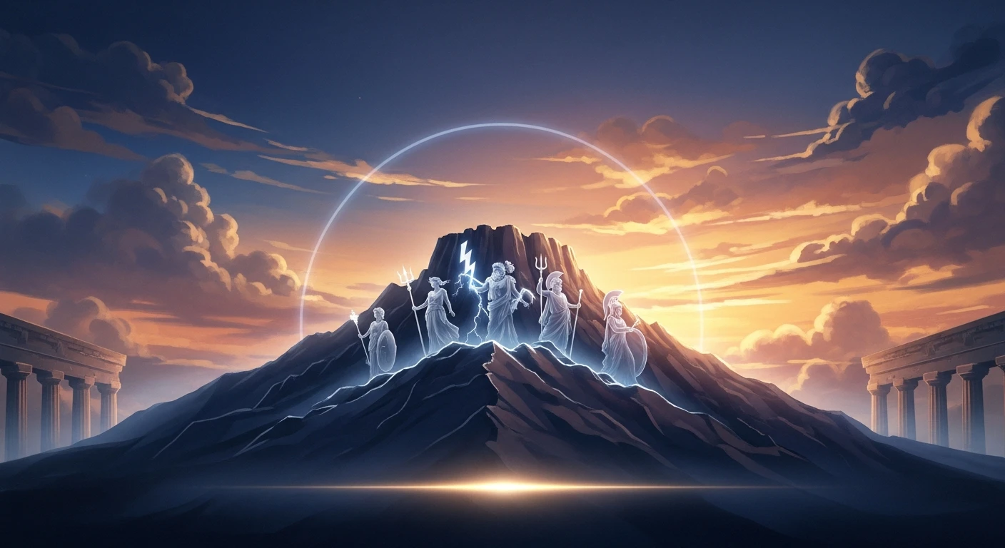 Glowing statues of Greek gods on a mountain with a sunset and ancient ruins.