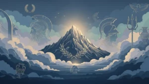 Illustration of a glowing mountain surrounded by clouds with Greek mythology symbols and figures.