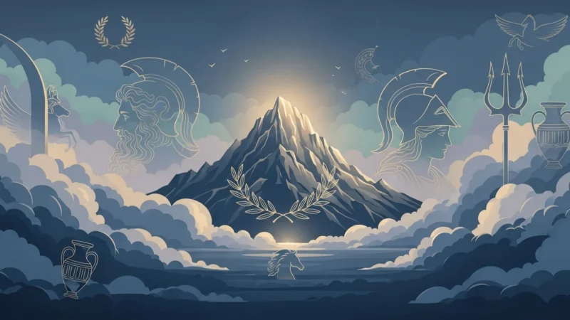 Illustration of a glowing mountain surrounded by clouds with Greek mythology symbols and figures.