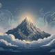 Illustration of a glowing mountain surrounded by clouds with Greek mythology symbols and figures.