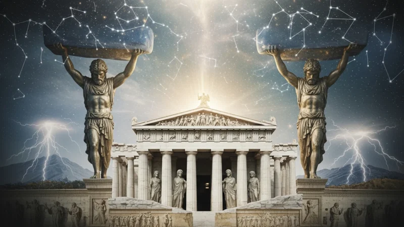 Ancient Greek temple with large Atlas statues holding celestial spheres under a starry sky with lightning.