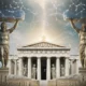 Ancient Greek temple with large Atlas statues holding celestial spheres under a starry sky with lightning.